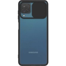 Caseart Samsung Galaxy M12 Kapak Lensi Açılır Kapanır Kamera Korumalı Silikon Kılıf - Siyah
