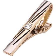 Kravatkolik Gold Renk Çizgi Desen Beyaz Taşlı Mat Kravat Iğnesi KIY562