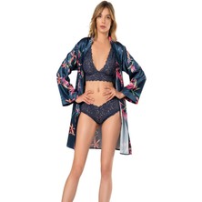 Pemilo Kadın 009 Dantelli Çiçekli 3 Lü Saten Takım Lacivert