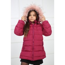 Passion Pembe Kız Çocuk Kelebek Desenli Peluşlu Kapüşonlu Şişme Kaban Mont