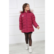 Passion Pembe Kız Çocuk Kelebek Desenli Peluşlu Kapüşonlu Şişme Kaban Mont