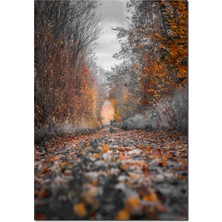 Cakatablo Ahşap Tablo Yerde Sonbahar Yaprakları ve Kızıl Ağaçlar