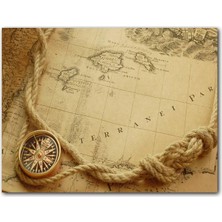 Cakatablo Ahşap Tablo Eski Harita, Keten Halat ve Pusula