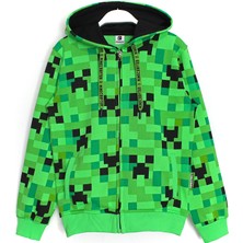 Minecraft Creeper Desenli Fermuarlı Unisex Çocuk Ceket 5 - 13 Yaş Yeşil 001-0001806