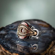 Takılingo 925 Ayar Gümüş Ayyıldız Işlemeli Kırmızı Zirkon Taşlı Erkek Yüzük