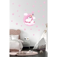 BK Decor Pembe Ay Üzerinde Uyuyan Sevimli Unicorn Çocuk Odası Duvar Sticker