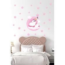 BK Decor Pembe Ay Üzerinde Uyuyan Sevimli Unicorn Çocuk Odası Duvar Sticker