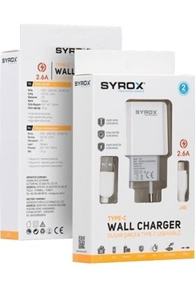 Syrox J48 (Yeni) Syrox J48 Type-C Girişli 2.6 Amper Hızlı Şarj Aleti