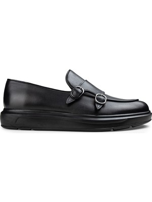 Deery Hakiki Deri Siyah Çift Tokalı Erkek Loafer