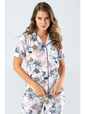 Türen 3330 Kadın Dokuma Çiçekli Gömlek Yaka Kısa Kollu Pijama Takım Ekru