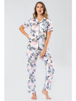 Türen 3330 Kadın Dokuma Çiçekli Gömlek Yaka Kısa Kollu Pijama Takım Ekru