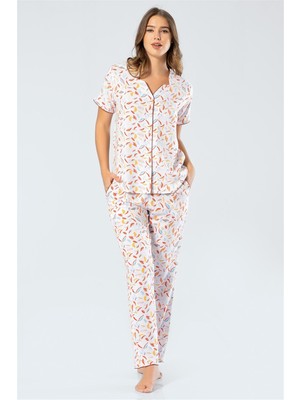 Türen 3333 Kadın Dokuma Yapraklı Gömlek Yaka Kısa Kollu Pijama Takım Ekru