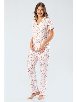 Türen 3333 Kadın Dokuma Yapraklı Gömlek Yaka Kısa Kollu Pijama Takım Ekru