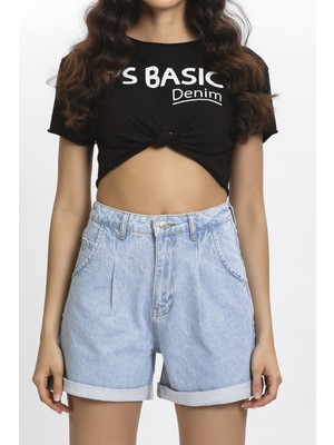 It's Basic Ice Kot Önü Pileli Yüksek Bel Jean Şort