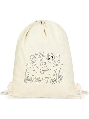 Çınar Bez Çanta Balık Boyama Desenli Büzgülü Sırt Çantası + Boyama Kalemi 12'li