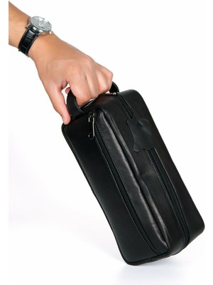 Av A Dos Erkek Siyah  Deri Tıraş Seyahat Kozmetik Portföy Bakım El Çanta