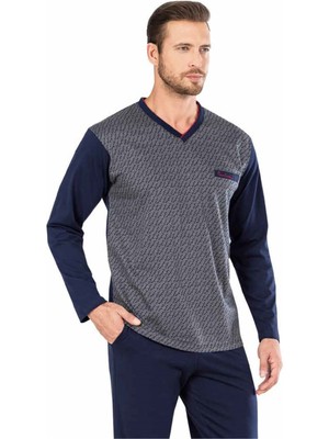 Pierre Cardin  5474 Uzun Kollu Jakarlı Erkek Pijama Takımı-Lacivert