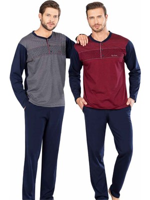 Pierre Cardin  5468 Uzun Kollu Jakarlı Erkek Pijama Takımı-Bordo
