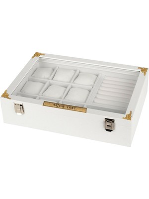 İmpala Saat Yüzük Kol Düğmesi ve Gözlük Isime Özel Tasarım Beyaz Deri Kaplama Çok Amaçlı Takı Kutusu