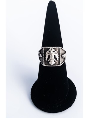 Antique Dolunay Antik Gümüş Kaplama El Yapımı Ayarlanabilir Tuğralı Çift Başlı Kartal Yüzüğü