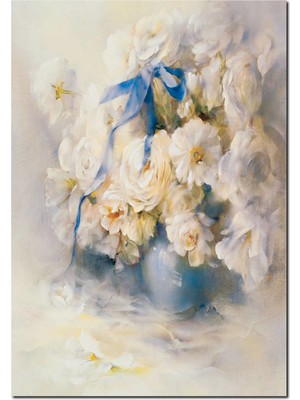 Cakatablo Ahşap Tablo Mavi Vazoda Beyaz Güller Mavi Kurdele