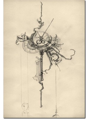 Cakatablo Ahşap Tablo Sürrealistik Saat Karakalem Krem Zemin