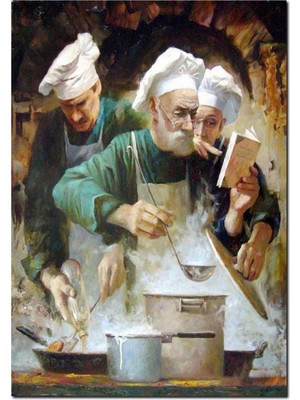 Cakatablo Ahşap Tablo Usta Aşçı ve Yardımcıları Iş Başında Yağlıboya