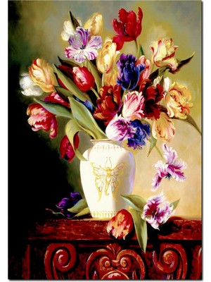 Cakatablo Ahşap Tablo Beyaz Seramik Vazo Içinde Karışık Çiçekler