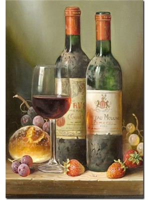 Cakatablo Ahşap Tablo Iki Şişe Yıllanmış Şarap, Kadeh, Ekmek ve Meyveler