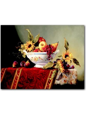 Cakatablo Ahşap Tablo Seramik Tabakta Taze Meyveler ve Çiçekler