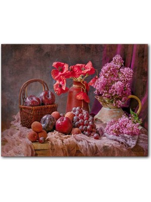 Cakatablo Ahşap Tablo Vazolarda Sümbül ve Gelincikler Sepette Taze Meyveler