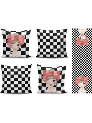 Alkan Homes Faashion Girl Temalı 4lü Kombin Kırlent Kılıfı+Runner