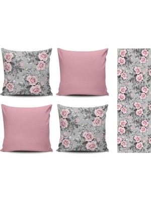 Alkan Homes Pembe Güllü Desenli 4lü Kombin Kırlent Kılıfı+Runner