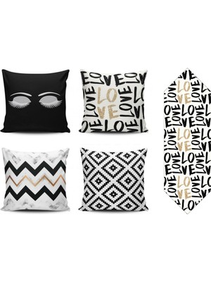 Alkan Homes Siyah Renkli Modern Desenli 4lü Kombin Kırlent Kılıfı+Runner