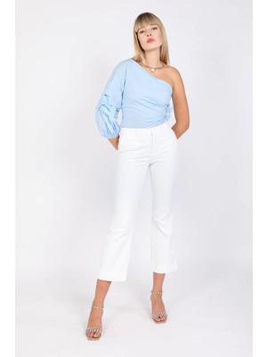Blue White Kadın Culotte Jean Pantolon Beyaz