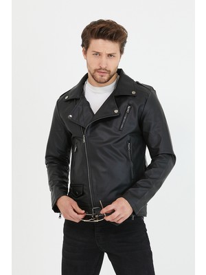 Mero Life Erkek Yeni Sezon Çapraz Fermuarlı Kemerli Deri Ceket Mont