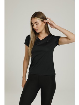 Kinetix SN228 Basic Pes V Neck T- Siyah Kadın Kısa Kol T-Shirt