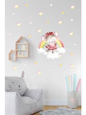 BK Decor Gökkuşağı ve Elinde Kalp Tutan Sevimli Fare Suluboya Desenli Çocuk Odası Duvar Sticker