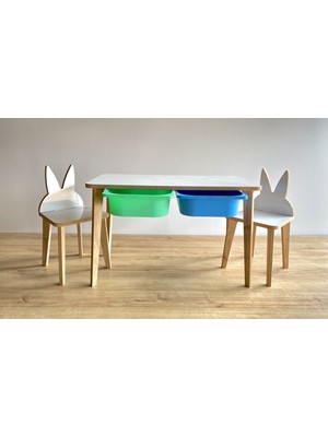 Asrimo Yaz Sil Yüzeyli Çocuk Aktivite Masa Sandalye Takımı - Çift Hazneli  Tavşan Sandalye