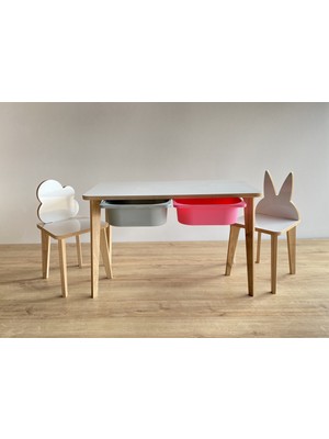 Asrimo Yaz Sil Yüzeyli Çocuk Aktivite Masa Sandalye Takımı - Çift Hazneli Tavşan Bulut Sandalye