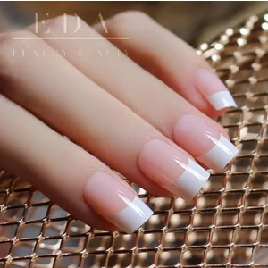 Eda Luxury Beauty Natürel Pembe Beyaz French Takma Tırnak Lüks Parlak Doğal Orta Boy Kare Nail Art Set
