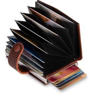 Anı Yüzük - Otomatik Mekanizmalı Ekstra Akordiyon Kartlıklı  Deri Cüzdan Taba