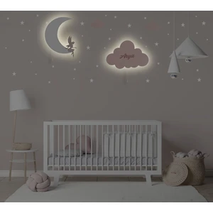 Tinytiger Store 2'li Set Ay Melek Kabartma Isimli Bulut Çocuk Odası Dekoratif Aydınlatma