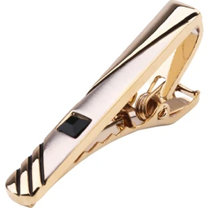 Gold Renk Çizgi Desen Siyah Taşlı Kravat Iğnesi KIY508