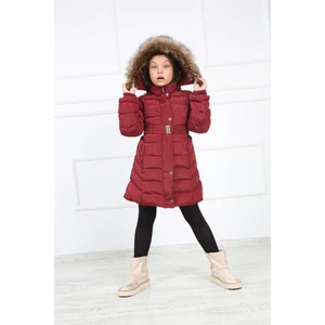 Bordo Kız Çocuk Peluşu Çıkarılabilir Kemerli Şişme Kaban Mont