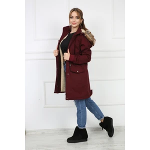 Bordo Kadın Peluşu Çıkarılabilir Gabardin Kumaş Kaban Mont
