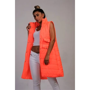 Keyifli Moda Kadın Turuncu Dik Yaka Cep Detaylı Uzun Şişme Yelek