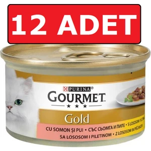 Gourmet Gold Somonlu ve Tavuk Etli Kedi Konservesi 12 Adet 85 gr Parça Etli Yaş Mama