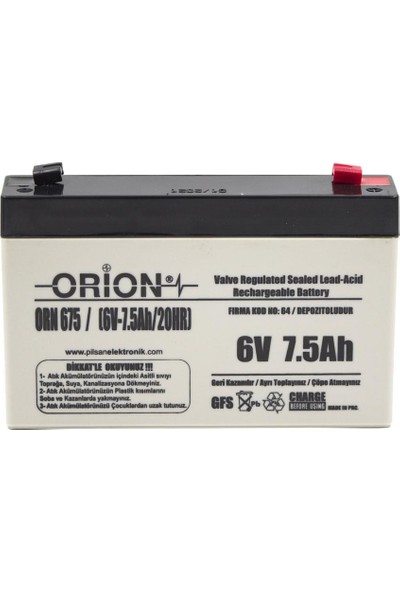 Orion 6 V 7.5 Ah Kuru Akü ve Şarj Aleti Seti