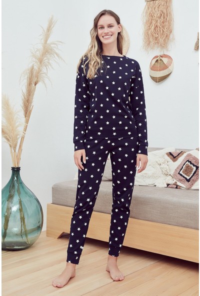 Eros 29610 Interlok Yıldız Desenli Uzun Kol Kadın Pijama Takımı-Lacivert